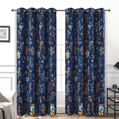 PRICES MAY VARY. PACKAGE INCLUDES: 2 lined panels. Made of 100% polyester, extremely soft to touch, imported. DESIGN & STYLE: Classic floral and plant pattern provides a natural atmosphere, makes your house full of energy, creates a special natural and dynamic atmosphere. Perfect suit for all seasons. Background color is classic navy. These versatile lined curtains provide an easy and inexpensive way to add color and style to any room of your home. The flower arrangement is random. UPGRADED VERS Navy Curtains Bedroom, Herb Window, Watercolor Print Pattern, Herbs Watercolor, Botanical Herbs, Vintage Color Schemes, Navy Color Scheme, Long Living Room, Layered Curtains