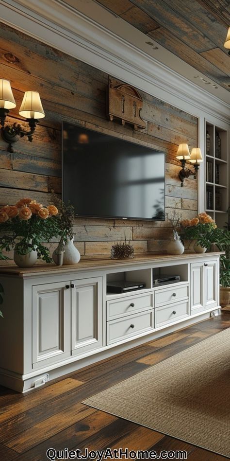 Tv Unit Country Style, Tv Wall Design Rustic Modern, Stylish Tv Unit Living Rooms, Sala Tv Farmhouse, Cottage Style Tv Wall, Tv Areas Living Room, Farmhouse Tv Unit, Living Room Tv Wall Farmhouse, Tv Unit Aesthetic