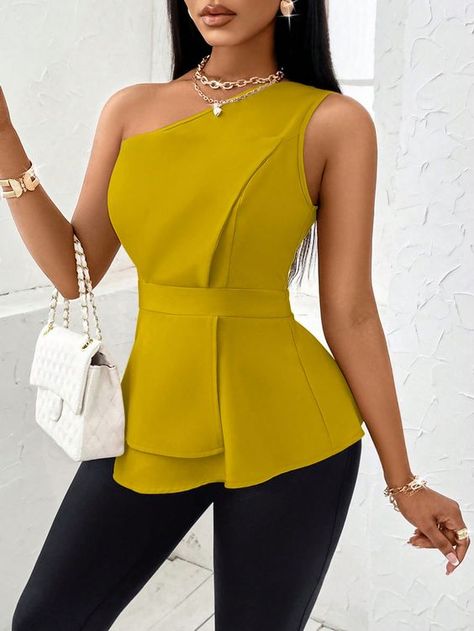 One Shoulder Ruched Asymmetric Hem Top Yellow Casual  Sleeveless Fabric Plain Top Non-Stretch  Women Clothing, size features are:Bust: ,Length: ,Sleeve Length: Blouse One Shoulder, Overlap Top, Beautiful Dinner, Classy Blouses, Fashionable Work Outfit, Corporate Dress, 2piece Outfits, Asymmetrical Hem Top, Blouse Casual Fashion