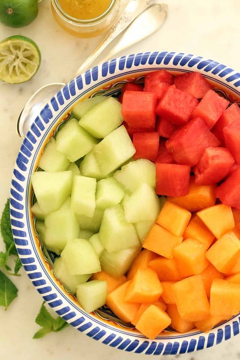 This refreshing Summer Melon Salad recipe is made with juicy ripe honeydew melon, watermelon and cantaloupe tossed in a delicious lime dressing and tossed with fresh mint. How To Cut Honeydew Melon, Recipe With Watermelon, Cantaloupe Benefits, Melon Salad, Honey Lime Dressing, Watermelon Benefits, Fruit Salad Recipe, Harvest Kitchen, Summer Salads With Fruit