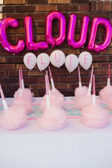 Cotton candy is always a good idea, especially as party favors. 9 Birthday Party Ideas, Cloud 9 Birthday Party Ideas, Cloud 9 Birthday Party, Unicorn Fluff, Cloud 9 Birthday, Cloud Fluff, Unicorn Clouds, Decoration Buffet, Cloud Rainbow