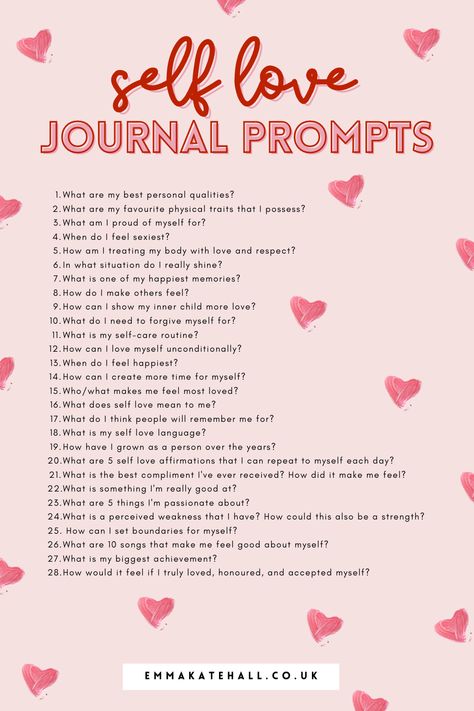 Self love journal prompts. emmakatehall.co.uk Self Love Journal Prompts, Love Journal Prompts, Self Love Journal, Journal Questions, Healing Journaling, Journal Challenge, Gratitude Journal Prompts, Daily Journal Prompts, Spiritual Journals