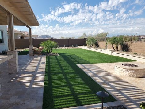 Backyard Grass Ideas Landscapes, Simple Arizona Backyard, Turf Yard Ideas, Las Vegas Backyard Landscaping Ideas, Turf Patio Ideas, Synthetic Grass Backyard Ideas, L Shaped Backyard Ideas Layout, Turf Landscaping Ideas, Grass Patio Ideas