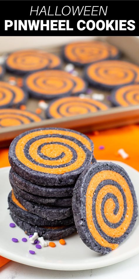 These Halloween pinwheel cookies are a perfect delicious and eye-catching treat for your next Halloween party. Rich and buttery sugar cookie dough is colored black and orange, then rolled together and cut into discs to reveal a pretty Halloween pinwheel design. Holiday Desserts Cookies, Halloween Cookie Designs, Swirl Sugar Cookies, Pinwheel Cookies Recipe, Bake Halloween, Pumpkin Truffles, Buttery Sugar Cookies, Pumpkin Whoopie Pies, Pinwheel Cookies