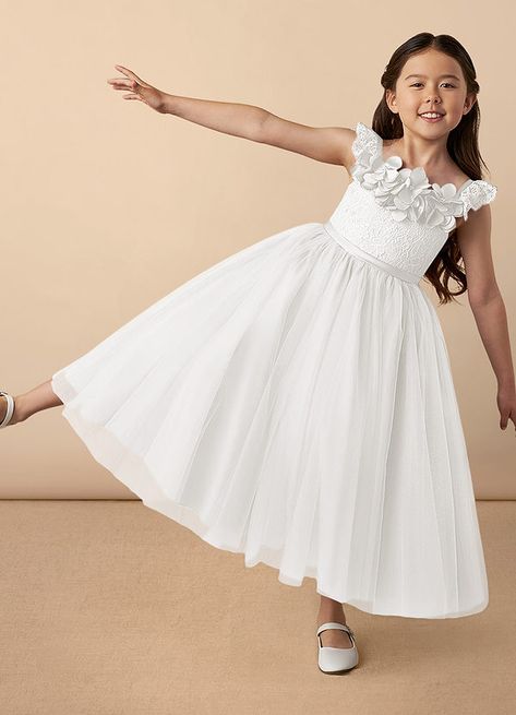 Demetra is our adorable flower girl dress cut from tulle, lace, and matte satin. She features a tulle A-line skirt, a matte satin belt, and a bow. Flower Girl Dress Ankle Length, Casual Flower Girl Dresses, Flower Girl Dresses Ivory, Fall Wedding Flower Girl, Flower Girl Dresses White, Cousin Wedding, Flower Girl Dress White, White Flower Girl Dress, Dress For