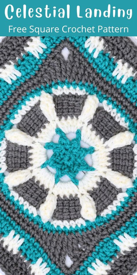 The Celestial Landing Afghan Square free crochet pattern is a 12" block that can be used for blankets, pillows, home decor and is only limited by your imagination. Free Crochet Square, Square Crochet Pattern, Tunisian Crochet Patterns, Crochet Blocks, Granny Square Blanket, Crochet Afghans, Shawl Patterns, Crochet Square Patterns, Square Crochet