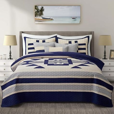 Amazon.com: NELIFDER 6 Peice California King Size Quilt Sets Navy Blue Cream Patchwork Oversized Bedspread 100% Cotton 118"x102" Neutral Handmade Modern Bed Coverlets Set : Home & Kitchen California King Quilts, King Size Quilt Sets, Rustic Bedding Sets, Green Bedding Set, Patchwork Bedspread, Black Bed, Luxury Bed Sheets, Christmas Bedding, Coverlet Bedding