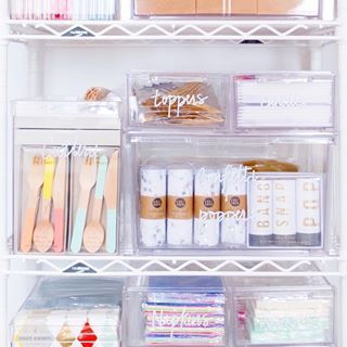 Acrylic storage bins are excellent storage containers so you can see what’s in there Party Supply Organization, Baking Supplies Organization, Baking Organization, Office Supplies Design, Office Supply Storage, Home Edit, Kitchen Organization Pantry, The Home Edit, Office Supply Organization