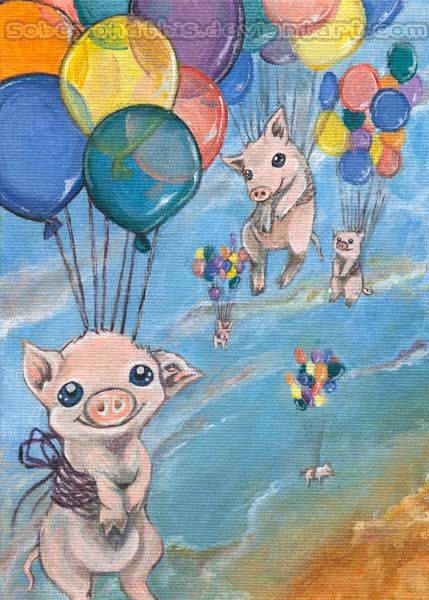 Flying Pigs Plan B by sobeyondthis on DeviantArt Flying Pigs Art, Pigs Flying, Pigs Art, Pig Artwork, Flying Pigs, Nursery Room Art, Childrens Wall Decor, Balloon Pictures, Pig Print