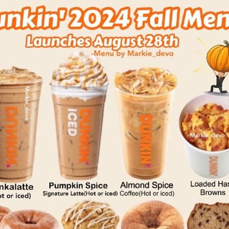 Markie_devo on Instagram: "Dunkin’ said move aside guys, we got a spooky bucket of our own!!😍🎃☕️  Here’s the Dunkin’ 2024 fall menu!!  Beverages(drops August 28th)::  -NEW Dunkalatte(Hot or iced)::This is a brand new concept at Dunkin’. Features Coffee Milk Iced Latte, combining rich espresso with a proprietary coffee milk made with Dunkin' coffee extract.  -Pumpkin Spice Signature Latte(Hot or Iced)  -Almond Spice(Hot or Iced)::Coffee made with a pumpkin swirl, toasted almond flavor shot and almondmilk.  Food::  -Loaded Hash browns  -Pumpkin Donut and Munchkins -Pumpkin Muffin -Apple Cider Donut(ends 10/15) -Banana Chocolate Chip Bread -Maple Sugar Seasoned Bacon  (Breakfast sandwich, Wake-Up Wrap & Snackin’ Bacon)  HALLOWEEN MENU(Drops Oct 16th)::  -NEW Potion Macchiato(Hot or iced)::E Pumpkin Dunkin Coffee, Pumpkin Dunkin Drinks, Dunkin Donuts Iced Coffee Order Pumpkin, Dunkin Donuts Fall Drinks, Muffin Apple, Bacon Breakfast Sandwich, Dunkin Donuts Menu, Dunkin Donuts Iced Coffee Orders, Duncan Donuts