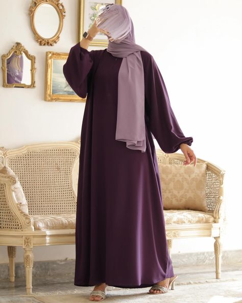 Purple Dream Classic Everyday Abaya / This abaya in deep purple is an absolute stunner! Going live today (Saturday) on our website at 4 pm PST. Deep Purple Outfit, Purple Abaya, Everyday Abaya, Eggplant Purple Dress, Purple Hijab, Purple Clothes, Yellow Eye Makeup, Muslimah Outfit, Mode Turban