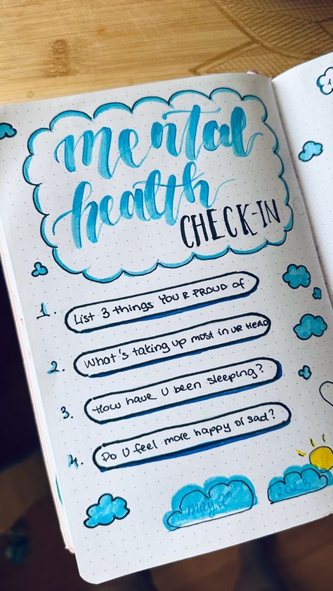 mental health check in questions on bullet journal Self Care Journal Cover Page, Health Diary Journals, Mental Health Notebook Ideas, Mental Health Journaling Prompts Ideas, Bullet Journal Ideas Mental Health, Mental Health Bullet Journal Ideas, Journaling Ideas For Mental Health, Bullet Journal Health Tracker, Bujo Mental Health