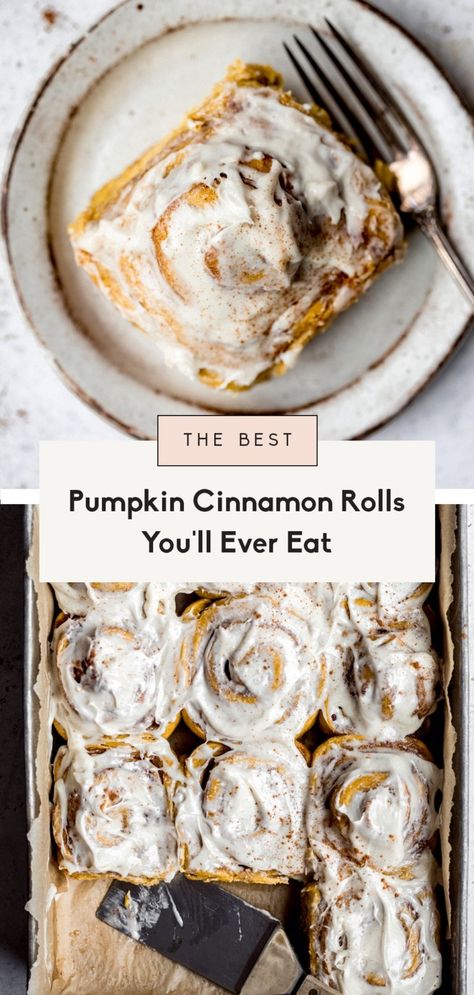 These are truly the BEST pumpkin cinnamon rolls you'll ever eat. Made with pumpkin puree and cozy pumpkin pie spice in every bite, and topped with an addicting maple cream cheese frosting, these pumpkin cinnamon rolls are bound to become a staple recipe in your home. #pumpkincinnamonrolls #cinnamonrolls #pumpkin Sunday Baking, Pumpkin Puree Recipes, Maple Cream Cheese, Fall Brunch, Pumpkin Cinnamon Rolls, Ambitious Kitchen, Maple Cream, Best Pumpkin, Homemade Pumpkin