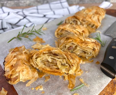 Savoury Cabbage Strudel • Zeljni Strudel Vegan Strudel, Hungarian Cabbage Strudel, Vegetarian Strudel, Cabbage Balushka, Ukrainian Buckwheat Cabbage Rolls, Vegetable Strudel, Strudel Recipes, Cooking Onions, Bacon Sausage