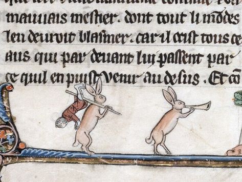 Why So Many Medieval Manuscripts Depict Violent Rabbits? Medieval Illustration, Killer Bunny, Medieval Artwork, Medieval Manuscript, Rabbit Art, Medieval Times, Illuminated Letters, British Library, Moyen Age