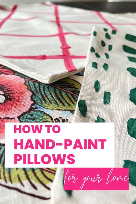 These DIY throw pillow covers are the perfect addition to your home decor! Compliment your room's color scheme and create a designer look with this budget friendly painted pillow DIY. The pink bamboo pillow and green spotted pillow covers add pretty design details to your room decor. Create a pretty pillowscape for your sofa. Watercolor Pillowcase Diy, Decorative Pillow Cases Diy, Painted Throw Pillows Diy, Diy Outdoor Pillow Covers, Pillow Painting Ideas, Diy Pillow Case Design, Diy Sofa Throw Cover, Diy Painted Pillow Covers, Paint Pillow Cover Diy