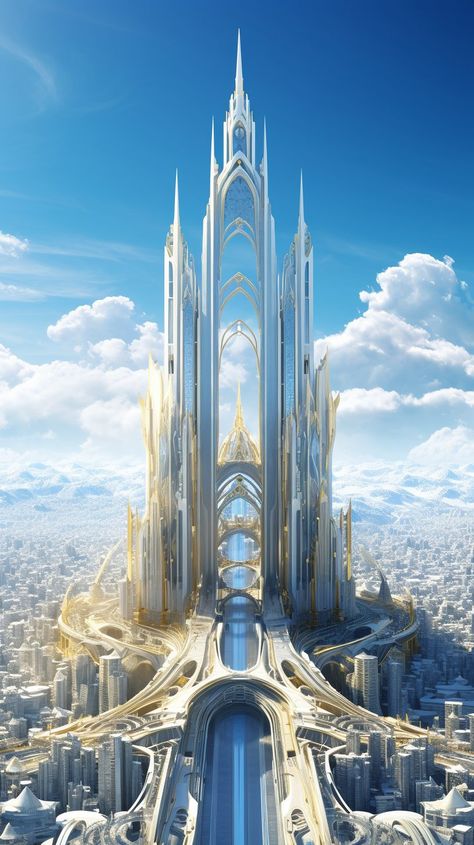 Futuristic Kingdom, Sci Fi City Futuristic Architecture, Futuristic Castle, Gold Futuristic, Modern City Art, Futuristic City Utopia, Futuristic Places, Futuristic Artwork, Futuristic Landscape