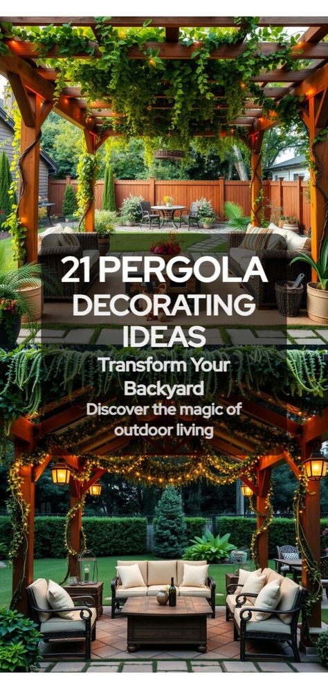 pergola decorating ideas Top Of Pergola Ideas, Romantic Outdoor Spaces, Long Patio Ideas, Romantic Backyard Ideas, Back Deck With Pergola, Decorating A Pergola, Outdoor Pergola Lighting Ideas, Pergola Patio Decor Ideas, Deck Pergola Ideas