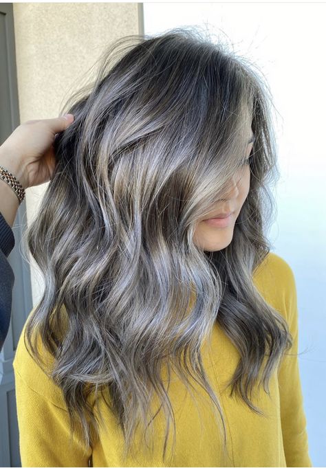 Long Silver Hair With Layers, Brown Hair Grey Balayage, Workware Style Woman, Gray Extensions Hair, Grey Blended Hair, Gray Bayalage Hair, Ash Brown Hair With Silver Highlights, Brown Hair Grey Highlights, Gray Balayage On Brown Hair