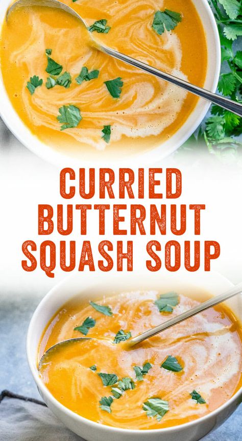 This easy curried butternut squash soup recipe is just perfect, creamy and seasoned with ginger and curry paste. Your search for the best squash soup is over! #butternutsquash #squash #soup #healthy #mealprep #easy #curried #curry Cushaw Squash Recipes Soup, Pureed Soup Recipes, Squash Soup Healthy, Souper Sunday, Root Recipes, Milk Ideas, Surgery Prep, Curried Butternut Squash, Passover Meal