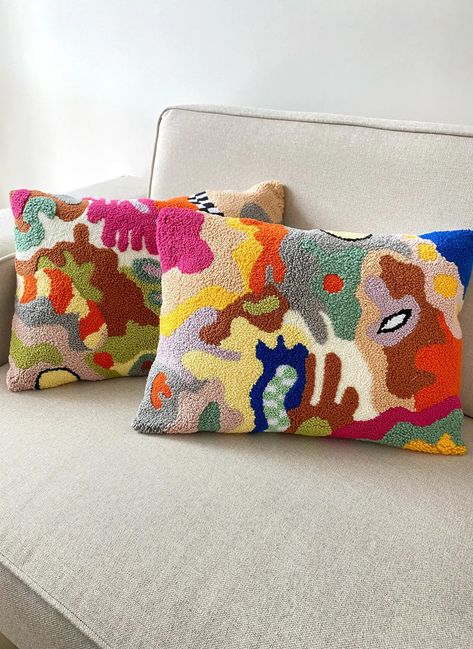 Hand Tufted Punch Needle Pillow Cover Decorative Embroidered Cushion Cover Natural Cotton Yarn Fun Home Decor Rug gift for Friend - Etsy Colorful Modern Bedroom, Punch Needle Cushion, Tufting Art, Rug Cushions, Embroidery Pillows, Funky Pillows, Colorful Cushions, Fun Pillows, Punch Needle Pillow