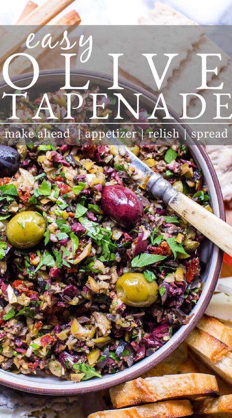 Olive Tapenade: A salty, garlicky, lemony snack, spread or appetizer. This olive tapenade recipe takes ten minutes to whip up and is make ahead easy! This recipe is vegetarian, vegan + gluten free. Italian Olive Tapenade Recipe, Bon Appetit Appetizers, Easy Appetizers Vegan, Olive Tapenade Crostini, Olive Tapenade Appetizers, Vegan Crostini Appetizers, Tapenade Recipe Appetizers, Make Ahead Vegan Appetizers, Tapenade Recipe Olive