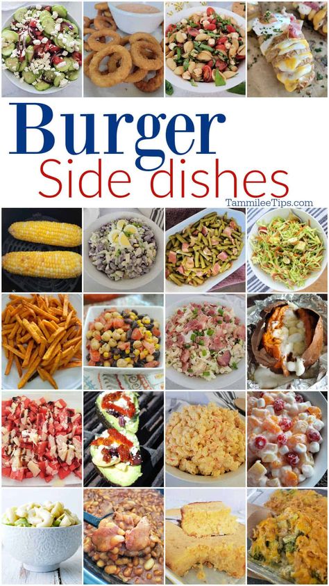 Great Burger Sides that pair perfectly with your hamburger or cheeseburger! Salads, side dishes, and more that are easy to make. Hamburger Tray Ideas, Sides To Go With Cheeseburgers, Side Dish With Sandwiches, Food Truck Side Dishes, Sides To Eat With Burgers, Healthy Side Dishes With Burgers, Grilled Burgers Sides, What Goes Good With Burgers, Sides Dishes For Hamburgers