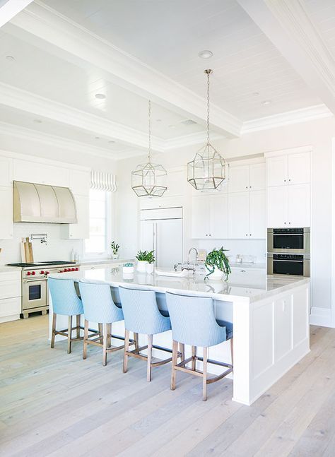 Coastal Classic Kitchen, Coastal Ceiling Design, Costal Granddaughter Kitchen, Classic Coastal Decor, White Coastal House, House With A View, Coastal Kitchens, Kitchen Vibes, Blue White Kitchens