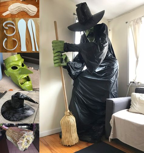 Giant DIY witch statue! Card Board Halloween Decorations, Halloween Witch Prop, Yard Witch, Entrada Halloween, Witch Statue, Scary Woods, Paper Mache Halloween, Diy Halloween Witch, Witch Decorations