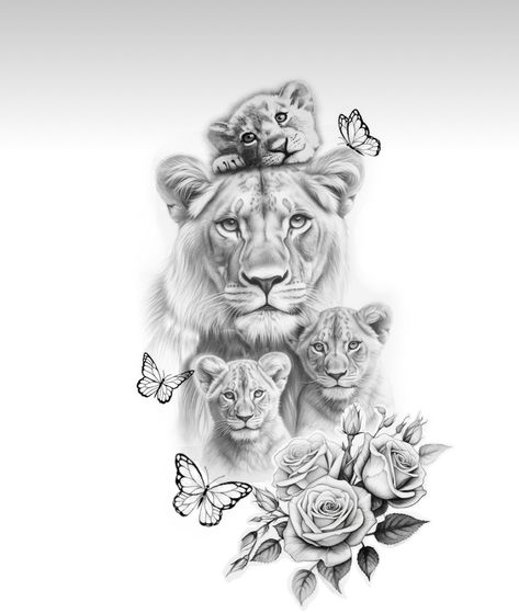 Lion With Flowers, Lion Tattoo With Flowers, Lioness And Cub Tattoo, Lioness Tattoo Design, Lion Flower, Animal Tattoos For Women, Lion Art Tattoo, Lion Sketch, Lioness Tattoo