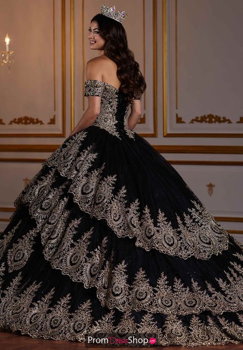 Tiffany Quince 26934 Dress | PromDressShop.com Black Quinceanera, Gold Quinceanera, Black Quinceanera Dresses, Charro Quinceanera, Mexican Quinceanera Dresses, Quinceanera Collection, Charro Quinceanera Dresses, Quinceñera Dresses, Black Ball Gown