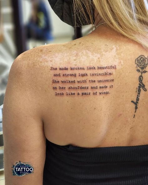 Long Tattoo Quotes For Women, Quote Tattoos On Back For Women, Shoulder Blades Tattoos For Women, Poems For Tattoos, Paragraphs Tattoo, Outer Shoulder Tattoo For Women, Plus Size Shoulder Tattoo, Small Paragraph Tattoos For Women, Beautiful Quotes Tattoo For Women