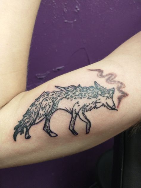 Another tattoo virgin that sat like a Rock, this Smoking Coyote is as laid back as his owner was 😎 #ValkyrieInk #empireinktx4l Colter Wall Coyote Tattoo, Old Country Tattoos, Country Chest Tattoos For Men, Punchy Western Tattoos Men, Western Wolf Tattoo, American Traditional Coyote Tattoo, Western Coyote Tattoo, Simple Coyote Tattoo, Howling Coyote Tattoo