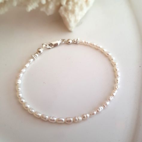 Dainty Freshwater Pearl Bracelet Sterling Silver small 3-4mm white real pearl Bracelet simple rice pearl bracelet Baroque pearl jewelry gift White Pearl Bracelet Diy, Seed Pearl Jewelry, Baroque Pearl Jewelry, Real Pearl Bracelet, Baroque Pearls Jewelry, Dainty Jewelry Necklace, Real Pearl Jewellery, Jewelry Necklace Simple, Pearl Bridesmaid Jewelry