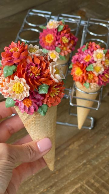 Cupcake In A Cone, Ice Cream Flowers Arrangement, Cake Cones Cupcakes, Cone Cake Ideas, Cupcake Cone, Cake Cone, Cake Cones, Ice Cream Flower, Cone Cake