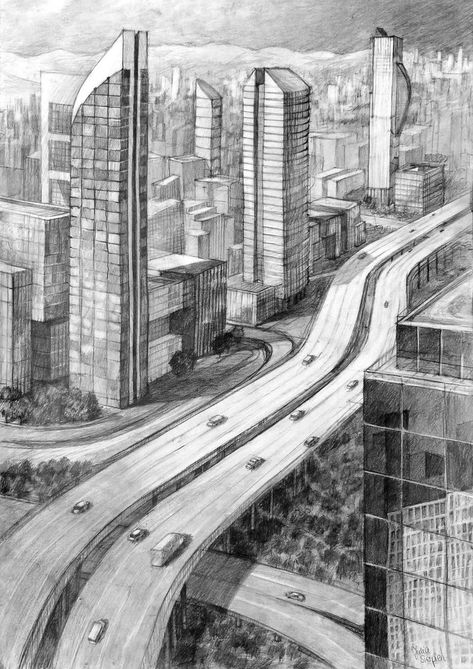 Modern City Drawing, City Background Drawing, Architecture Drawing Art Buildings, Interior Architecture Sketch, Art Buildings, Exterior Sketch, Cityscape Drawing, Perspective Sketch, Drawing Scenery