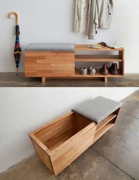 If you need a bench that can accommodate not just your shoes, select one that has a small storage space for other things too! Visit our post for more bench ideas that can also double as shoe storage! Ingangs Decor, Modern Entry, Woodworking Box, Living Room Scandinavian, Bench With Shoe Storage, Apartment Decorating, Woodworking Furniture, Design Living Room, Modern Sofa