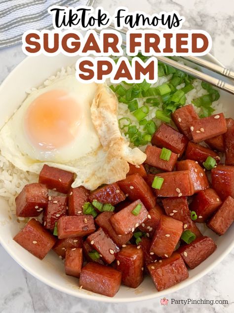 Sugar Fried SPAM, Tiktok famous fried SPAM, easy brown sugar spam Spam And Rice, Spam And Eggs, Spam Recipes Dinners, Fried Spam, Spam Recipes, Fried Rice Recipe Easy, Tiktok Famous, Gluten Free Sides Dishes, Comfort Food Recipes Dinners