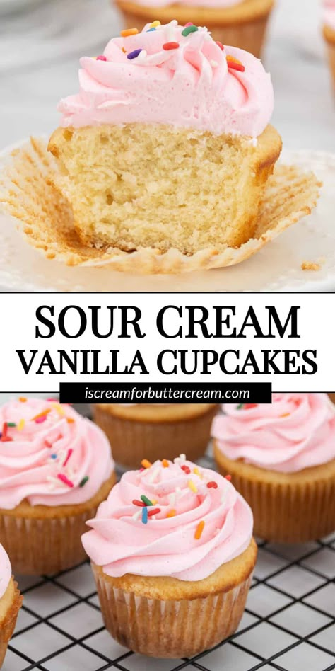 These vanilla sour cream cupcakes have a soft, buttery texture and rich vanilla flavor, a made from scratch recipe for the best homemade cupcakes. Sour Cream Cupcakes Recipe, No Butter Cupcakes, Best Moist Cupcake Recipe, Sour Cream Baking Recipes, Sour Cream Frosting Recipe, Moist Cupcakes From Scratch, Homemade Chocolate Cupcakes From Scratch, Sour Cream Recipes Baking, Best Cupcake Frosting Recipe