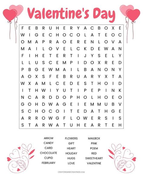 Valentine’s Day Word Search Printable | With Valentine’s Day-themed words such as “chocolate” and “sweetheart,” this word search makes a fun classroom activity for the children on Valentine’s Day! Valentines Word Search, Valentine Worksheets, Camper Renovations, Valentines Day Words, Valentine Words, Rv Renovation, Valentines Games, Fun Classroom Activities, Valentines Day Coloring