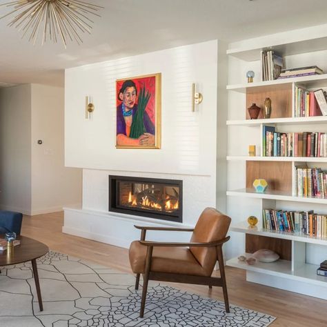 Mid Century Modern Fireplace Mantel, Mis Century Modern Fireplace, Mid Century Built In Bookshelves, Fireplace Wall Ideas With Tv, Tile Fireplace Ideas, Mcm Fireplace, Midcentury Modern Fireplace, Asymmetrical Fireplaces, Mid Century Modern Fireplace