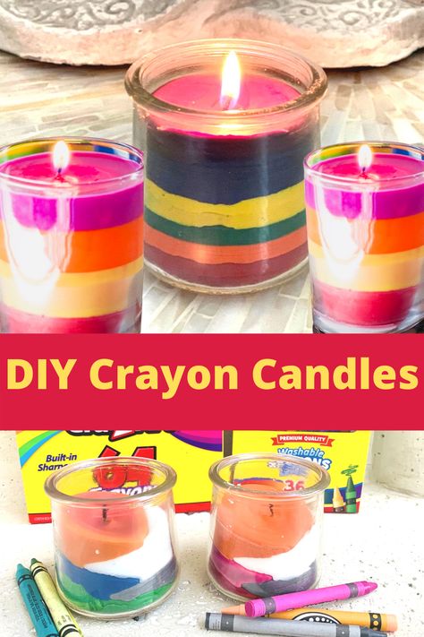 How to make DIY Homemade CRAYON CANDLES. In this DIY learn how to make crayon candles! Melt crayons to create a unique, rainbow piece of room decor that is perfect for gifting purpose, Also its a great way to reuse your old crayons. Instead of throwing the crayons away, recycle them into fun colorful candles. To make homemade crayon candles you will need wax, wicks, old crayons, and containers.#DIYcrayoncandles Things To Do With Old Crayons, Melted Crayon Candles, Crafts With Wax Crayons, Uses For Old Crayons, What To Do With Broken Crayons, Diy Crayons Melting, Crayon Recycling, Crayon Candles Diy, Recycle Crayons