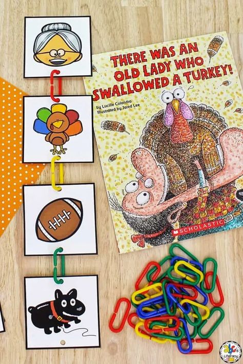 Kids will have retell the story and develop fine motor skills with this There Was An Old Lady Who Swallowed A Turkey Sequencing Activity. Thanksgiving Read Alouds Kindergarten, Thanksgiving Sequencing Preschool, How To Catch A Turkey Activities Preschool, Story Retelling Activities Preschool, The Old Lady Who Swallowed A Turkey, There Was An Old Lady Who Swallowed A Turkey Activities, Turkey Literacy Activities Preschool, There Was An Old Lady Who Swallowed A Turkey, There Was An Old Lady Who Swallowed Leaf