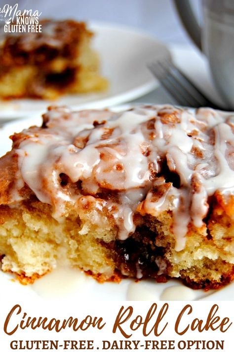 Easy gluten-free cinnamon roll cake. This gluten-free cinnamon cake has both the texture and the taste of a gooey cinnamon roll. Recipe also has a dairy-free option. #cinnamonrolls #glutenfreerecipe #glutenfreedairyfree Easy Gluten Free Coffee Cake, Dairy Free Coffee Cake Recipe, Gluten Free Work Snacks, Gluten Free Recipes Desserts Easy, Gf Cinnamon Roll Cake, Gf Df Coffee Cake, Gluten Free Dairy Free Coffee Cake, Gluten And Milk Free Desserts, Gluten Free Cinnamon Cake