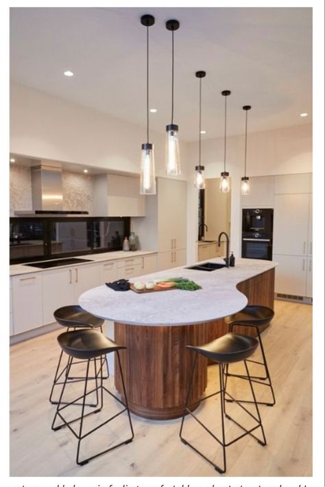 Curved Kitchen Bar Counter, Irregular Shaped Kitchen Island, Pill Shaped Kitchen Island, Curve Kitchen Island, Oval Island Kitchen, T Shaped Island With Seating, Kitchen Interior Island, Kitchen Bench Ideas, Simple Kitchen Island