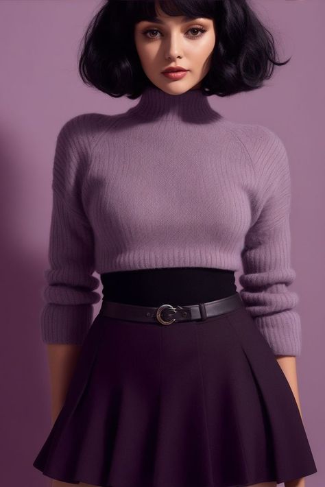 Effortlessly French Chic Outfit: a wool mini skirt, a purple turtleneck crop top sweater, and the simple leather belt that accentuates the figure. A perfect blend of style and comfort for your standout look. This outfit embodies confidence and allure in every detail. Purple Dark Academia Outfit, Purple Skirt Outfit Ideas, Purple Turtleneck Outfit, Dark Purple Outfit, Purple Academia, French Chic Outfits, Wool Skirt Outfit, Purple Top Outfit, Purple Skirt Outfit