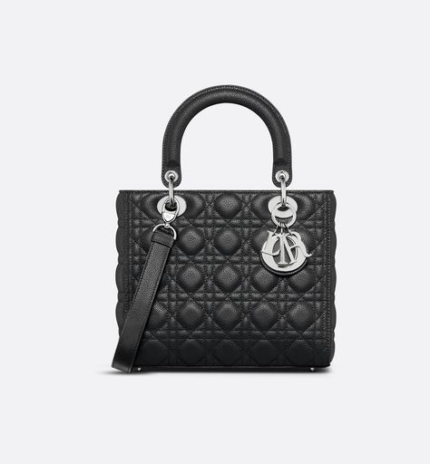 Medium Lady Dior Bag Black Grained Cannage Calfskin | DIOR Lady Dior Bag Black, Dior And I, Icon Shoes, Dior Book Tote, Small Lady, Christian Dior Couture, Dior Couture, Backpack Tote Bag, Lady Dior Bag