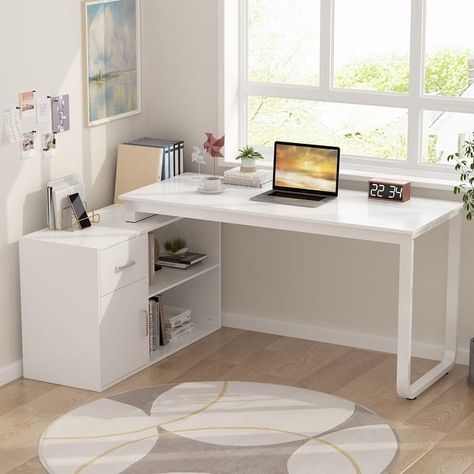 White Reversible L Shape Desk Rotating Desk Working Desk Computer - Bed Bath & Beyond - 36195561 Desk Corner, Study Table Designs, Home Office Computer Desk, Perfect Office, Office Computer Desk, Bedroom Desk, Office Computer, Room Desk, 2 Shelves