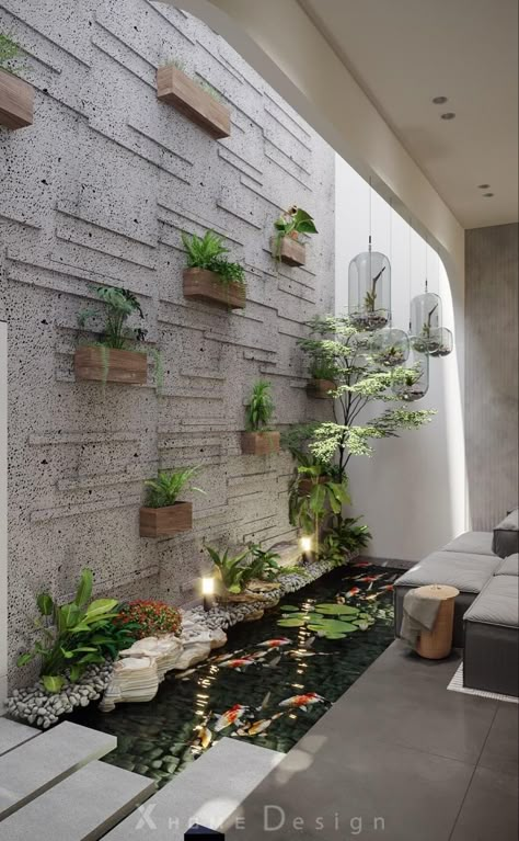 Indoor Ots Design, Dry Garden Under Staircase, Small Water Body In House, Small Courtyard Ideas Inside House, Ots Design Ideas, Kolam Ikan Aesthetic, Courtyard Ideas Inside House, Courtyard Inside House, Small Indoor Courtyard