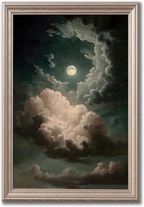 Cool Old Paintings, Vintage Sun And Moon Art, Vintage Celestial Art Wallpaper, Vintage Moon Wallpaper, Dark Moon Painting, Night Art Aesthetic, Aesthetic Landscape Art, Dark Academia Paintings, Vintage Celestial Art